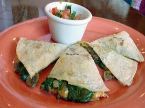 Mini vegan quesadilla with daiya cheese, spinach, mushroom and pico de gallo at Mama's International Tamales in Los Angeles