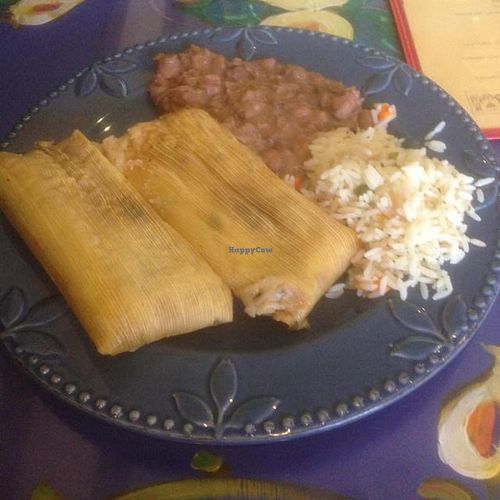 spinach and mushroom tamales, rice and beans! at Mama's International Tamales in Los Angeles