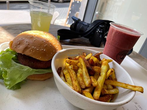 The Mondego burger with sweet and standard fries.
Red fruit smoothie on the side. at Copper Branch in Lisbon