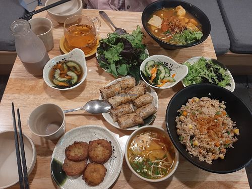 Chickpea fries, lentil spring rolls, stir fried brown rice, noodles at Bếp Loving in Hanoi
