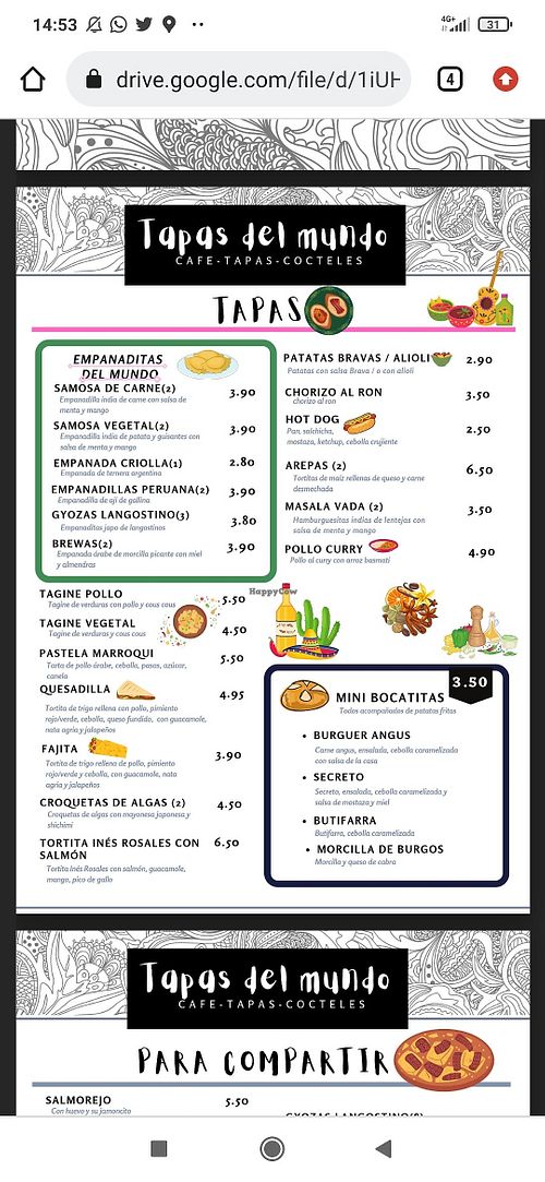 Carta at Tapas del Mundo in Mojacar