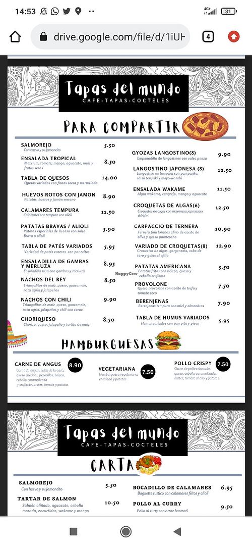 Carta at Tapas del Mundo in Mojacar