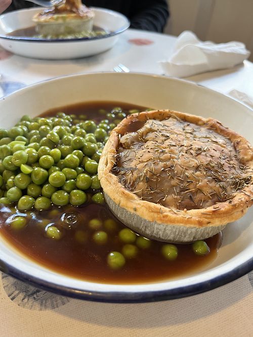 Wild mushroom pie, peas and gravy  at Humble Pie n Mash in Whitby