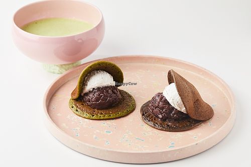 organic soy milk cream, specially-grown (reduced pesticide) red bean paste, and organic maple and agave syrup. at Dolala in Yokohama