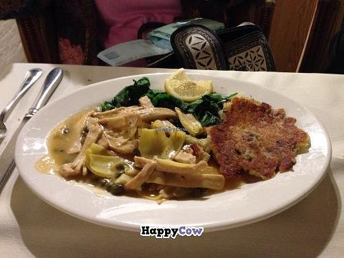 Great vegan food! I had the 'chicken' piccata (attached photo).  Served with spinach & garlic mashed potatoes. Delicious! But the best was dessert. Pecan pie and vanilla gelato. To die for! Really!
It is pricey, but worth it.  at Adama in Santa Barbara
