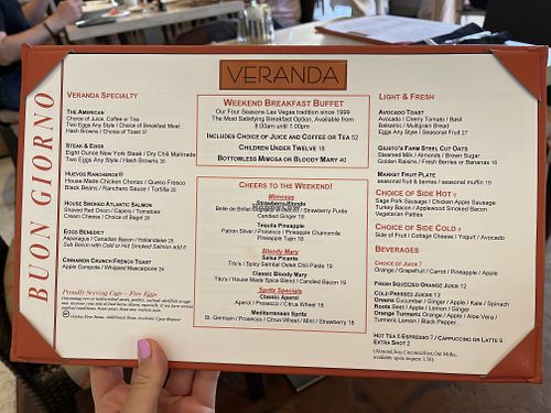 Menu - note they have removed the Vegan Benny  at Veranda in Las Vegas