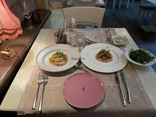 Left: pumpkin starter Right: falafel with hummus and rocket side  at The Four Rooms of Mrs. Safija in Sarajevo