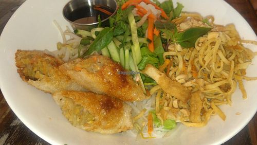 Noodle bowl with crispy spring roll - Rickety Rickshaw Ride at Chau Veggie Express in Vancouver