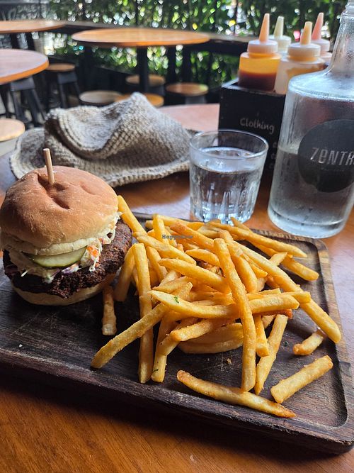 Falafel burger w/fries at Kooks Smokehouse and Bar in Santa Teresa