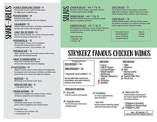 Menu at StrykerZ Kitchen and Bar in Kitchener