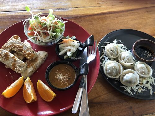 Delicious tofu and satay sauce, salad  with pickled vegies and mushroom dumplings 👌  at Home No.8 in Krabi