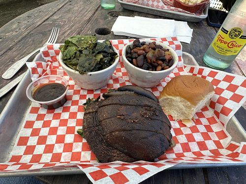 Portobello, greens and cowboy beans. All vegan  at Black Star Pirate BBQ in Richmond