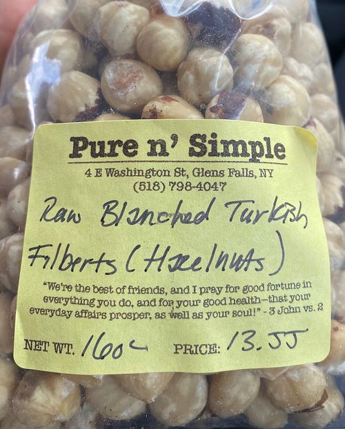 $13 bag of hazelnuts with a Bible verse on their pre-printed labels at Pure N Simple in Glens Falls