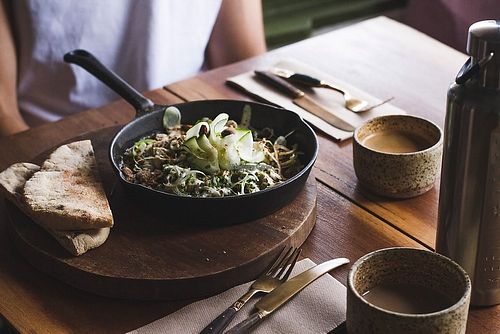 Chai tea and salad at Yoke in West End