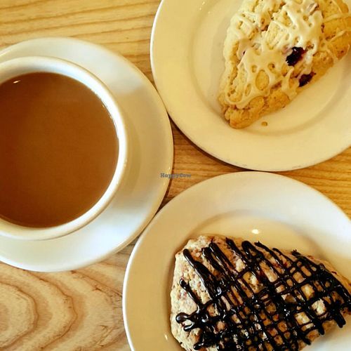 Orange cranberry scone, Chocolate raspberry scone and some delicious coffee! at Dulce Vegan Bakery and Cafe in Atlanta