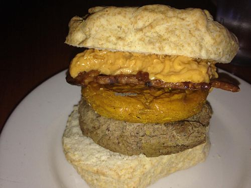 egg, bacon, cheese and sausage biscuit at Dulce Vegan Bakery and Cafe in Atlanta