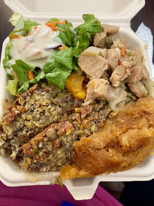 Small plate with salad, coconut curry soy chunks, lentil loaf, cheesy potatoes, spinach rice   at Eden's Vegan Eatery in St Croix