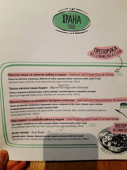 Breakfast options at Kafeterija Čarli Čaplin in Belgrade