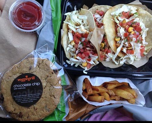 chickin tacos with fries & a cookie  at Veggie Grill - Farmers Market in Los Angeles