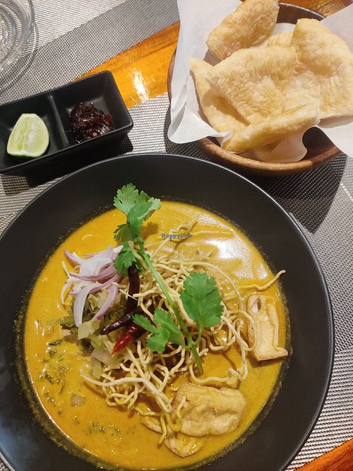 Coconut noodle soup with roti at Plant-erian in Krabi