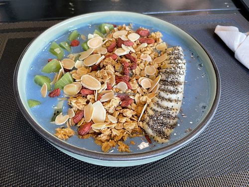 Blue Spirulina smoothie Bowl (SO TASTY and good!!)  at Plant-erian in Krabi