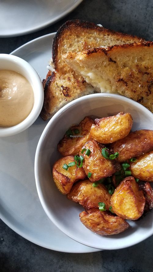 Vegan grilled cheese and smashed potatoes at Earthen  in Brooklyn