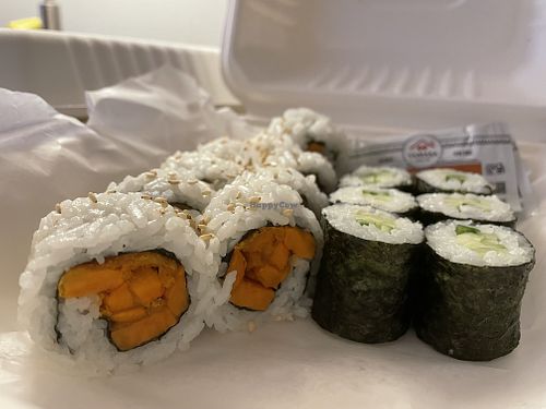 Yam rolls and Cucumber rolls. Because of my gluten allergy they made sure to include gluten free soy sauce as well.  at Koya in Penticton