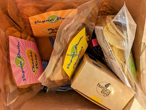 They sell other vegan products, too! We stocked up on Vegan Dude chips, got crackers and olives for our cheese wheels, and got a branded t-shirt and trucker hat! at Cultured Kindness Vegan Cheese Shop in Portland