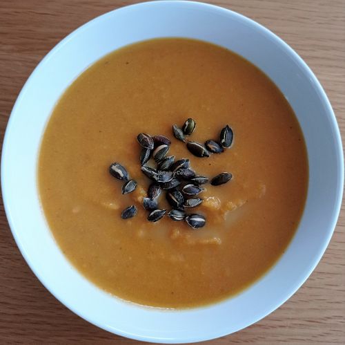 Fragrant squash soup with homemade vegan cream and roasted seeds at WeVegan in Ballincollig