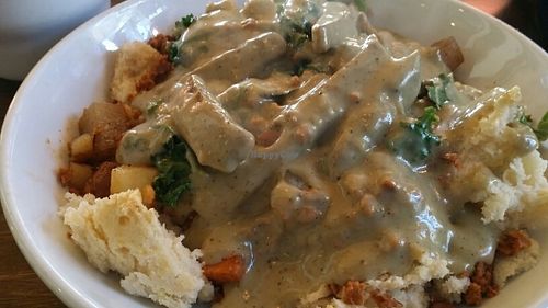 hillbilly seitan and biscuit breakfast bowl at The Lunch Room in Ann Arbor
