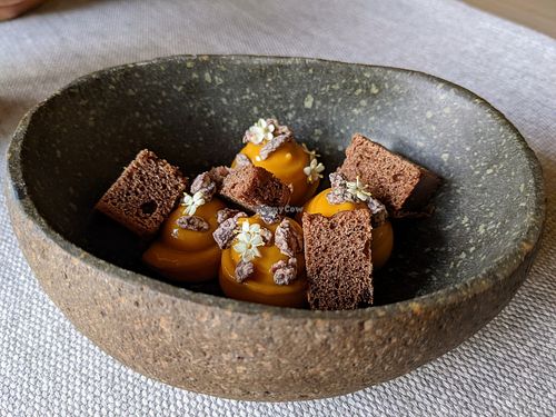 Chocolate cake with lucuma sauce, chef made it special for me at Explora Valle Sagrado in Urquillos