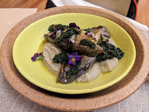 Eggplant with fava bean puree at Explora Valle Sagrado in Urquillos