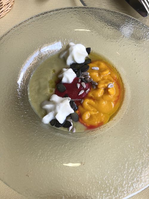 Starter - Cold soup (squash, apple, beetroot with seeds and wine foam )  at Niu Nou in Baga