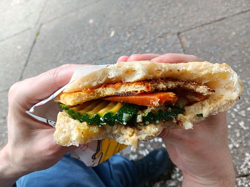 Filled focaccia (with farinata, hummus and veg) at Terracotta in Verona