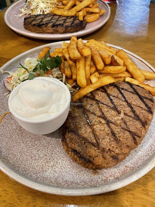 Vegan steak! I got vegan aioli with my chips and salad😄  at Banana Bender Pub in Palmview
