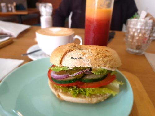 Vegan bagel with all the toppings at Jacks Bagels  in Jeffreys Bay