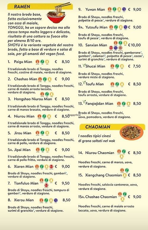 menu, vegetarian meals are marked with a green V near the name at MIAN Ramen House and more in Cagliari
