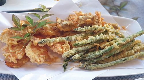 Tempura sweet potato, asparagus and artichoke at haha vegan Ryokan in Beechworth
