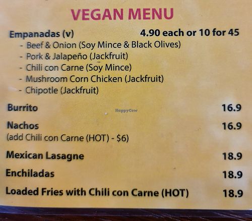 Vegan menu at Latin Foods and Wines in Maidstone