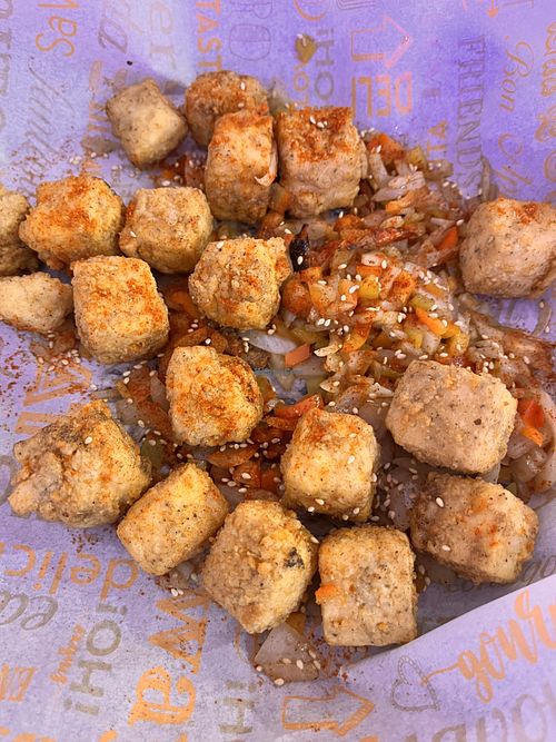 Fried tofu, tell them no eggs   at Restaurante Coreano Gangnam in Sevilla