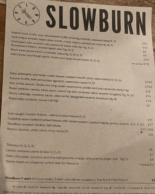 Menu  at SlowBurn in East London