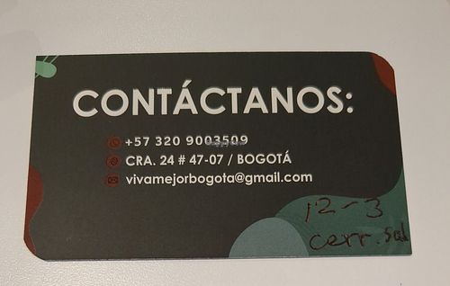 Back of business card September 2025 at Viva Mejor in Bogota