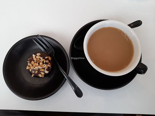 Choc peanut protein ball, pot of English Breakfast tea, soy milk at Dicki's in Ascot