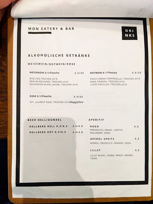 Page of menu at Mon at Mon in Berlin