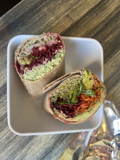 Beet & tofu wrap and the Happy Wrap   at delisheeeYo in Hilton Head Island