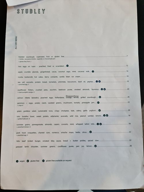 Menu at Studley Grounds in Kew