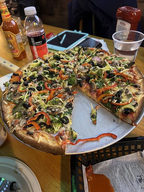 Veggie lovers with vegan cheese  at Olde Waterville Pizza Company in Waterville Valley