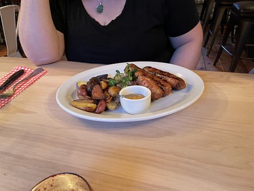 Vegan sausages with potatoes, kraut, and mustard. All gf as well, and the mustard was DIVINE    at Jagerberg Beer Hall and Tavern in Hunter