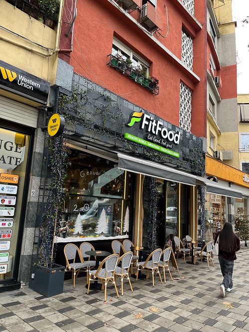 Exterior with outdoor seating  at Fit Food in Tirana