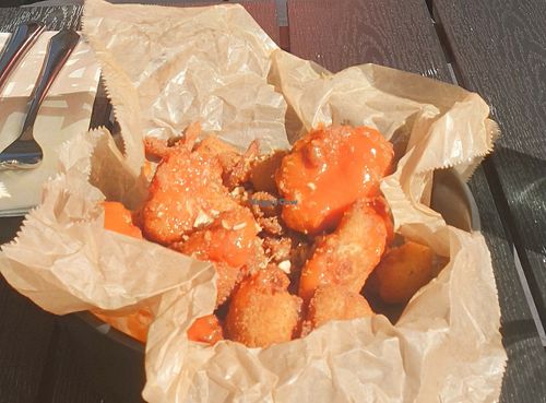 Buffalo wings made from cauliflower. Super crispy. at Stracta Bistro in Hella